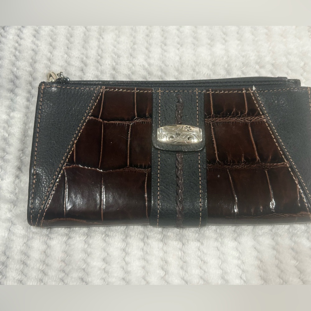 Vintage Brighton Black Brown Leather Croc Embossed Wallet Clutch Purse Magnetic
